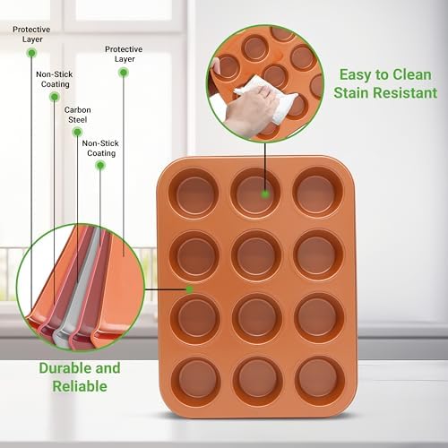 NutriChef 12-cup Copper Oven Muffin Pan, Non-Stick Coated Layer