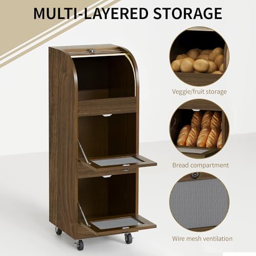 3-Tier Potato & Onion Storage Bin with Wheels,Ventilated Bread