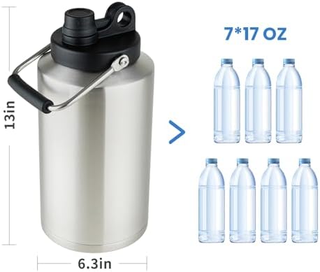 1 Gallon Water Bottle Insulated Stainless Steel Keeps Ice 48Hr, Large