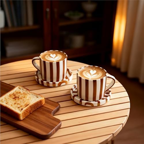 2-Pack Ceramic Coffee Mug and Saucer Set, 8 oz Hand-Painted Green