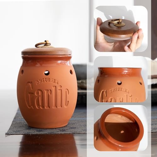 Garlic Keeper with Wooden Lid, 19 oz Clay Garlic Storage Container to