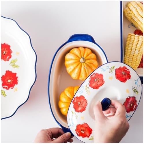 Floral Ceramic Casserole Dish with Lid – 40oz Oval Baking Dish