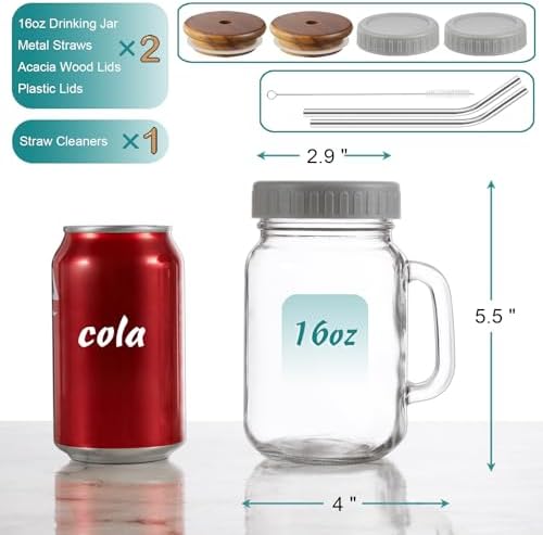 DRASTAR Iced Coffee Cup, 16 oz Mason Jar Cups with Handle, Small Glass
