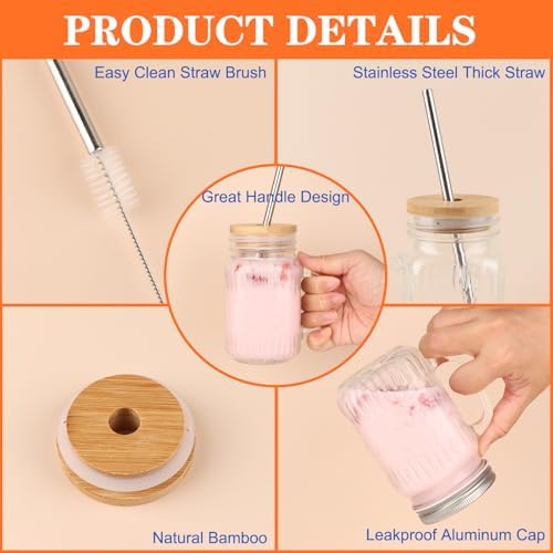 Magicsky Glass Mason Jar Drinking Cups with Handles Iced Coffee Mugs