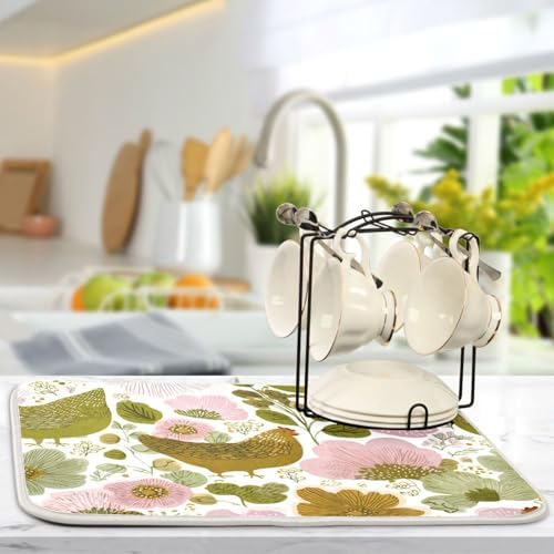 OTVEE Farm Chicken Floral Art Dish Drying Mat for Kitchen Counter
