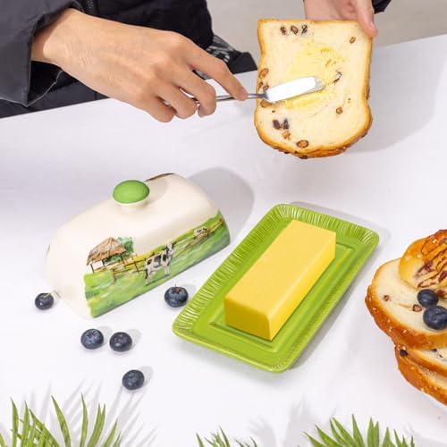 Cow Butter Dish with Lid for Countertop, Large Ceramic Embossed Butter