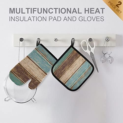 Oven Mitts Quilted Cotton Lining Farm Wooden Texture Potholders BBQ