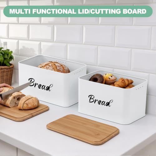 Metal Bread Box Set of 2 with Bamboo Lid, Modern Bread Storage Containers with Air Vents, Bamboo Cutting Board Lid, Farmhouse Kitchen Decor Organizer for Countertop, 2-Size (Large & Small)White