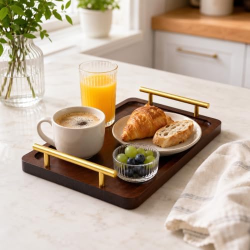 LUOZZY Rectangular Bamboo Serving Tray with Metal Handles A