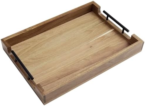 GarveeHome Acacia Serving Tray with Metal Handles, 17 in Wood Serving