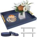 SXNOWS Wooden Serving Tray with 2 Sets of Handles,Navy Blue
