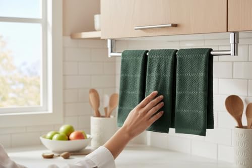 Dark Green Kitchen Hand Dish Towels, Set of 3, 100% Cotton, 18" x 28"