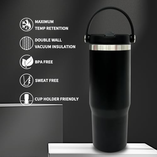 30 oz Tumbler with Handle, Water Bottle with Flip Straw, Black 1 pack