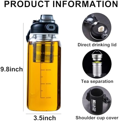 34oz Glass Water Bottle with Capacity Mark & Sleeve, BPA-Free Tea
