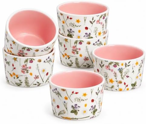 ONEMORE 6 oz Ramekins Oven Safe, Floral Ceramic Ramekin Set of 6 Pink