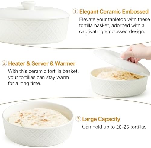 Large Tortilla Warmers with Lid 8.8 Inch, Embossed Ceramic Tortilla