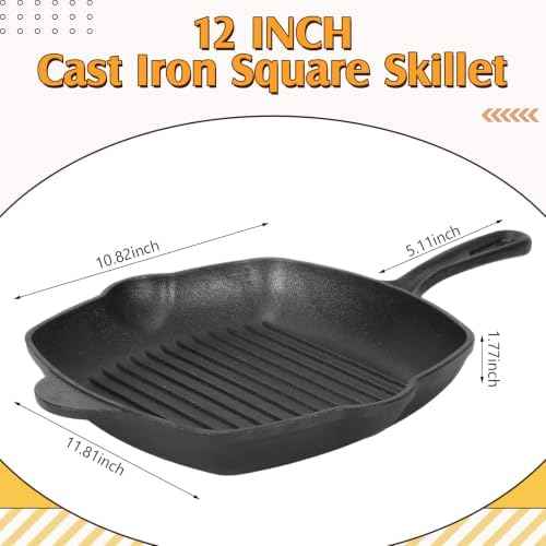 12 Inch Cast Iron Square Grill Pan, Seasoned Flat Skillets with Ring Handle, Cast Iron Square Grill Pan for Stove Top, Stylishly Designed & Heat Resistant for Kitchen Cooking