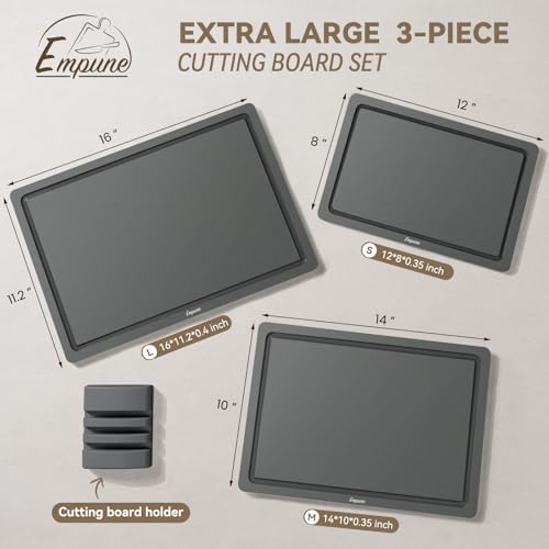 Empune 3-Piece Plastic Cutting Boards for Kitchen - Thick & Non-Slip Chopping Board Set with Juice Grooves, Dishwasher Safe, BPA Free, Includes Large & Small Sizes, Gray