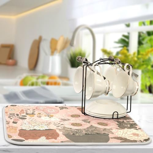 OTVEE Cute Hen Flower Art Dish Drying Mat for Kitchen Counter