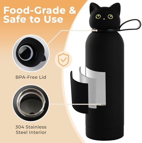 Vacuum Insulated Stainless Steel Water Bottle, Black Cat, 17oz