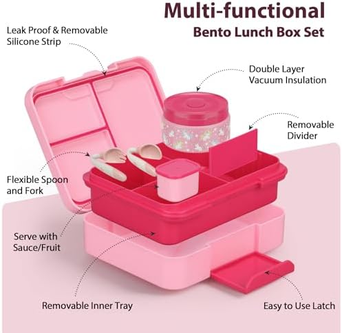 Kids Bento Lunch Box Set with 9.5oz Soup Thermo, Leak-Proof Lunch Food