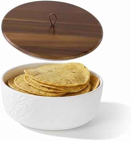 Ceramic Tortilla Warmer with Wooden Lid & Silicone Seal – 8 Inch