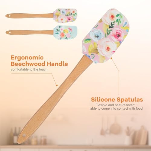 MAGICLULU 2Pcs Floral Silicone Spatula Set with Wooden Handle, Heat