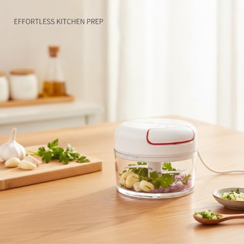 Quick Prep Manual Food Chopper, Compact Pull-String Garlic Mincer with