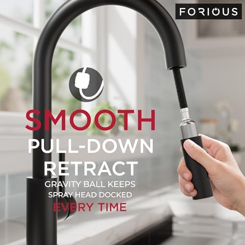 FORIOUS Pull Down Kitchen Faucet with Soap Dispenser, Matte Black