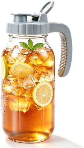 Mason Jar Pitcher 64 OZ Wide Mouth Glass Water Jug With Pour Spout