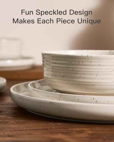 Stoneware Dinnerware Sets for 8, Reactive Glaze Plates & Bowls, Shell Beige