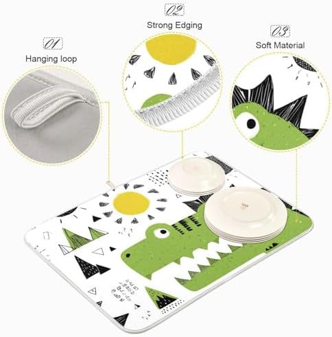 OTVEE Dinosaur Art Dish Drying Mat for Kitchen Counter Absorbent Heat