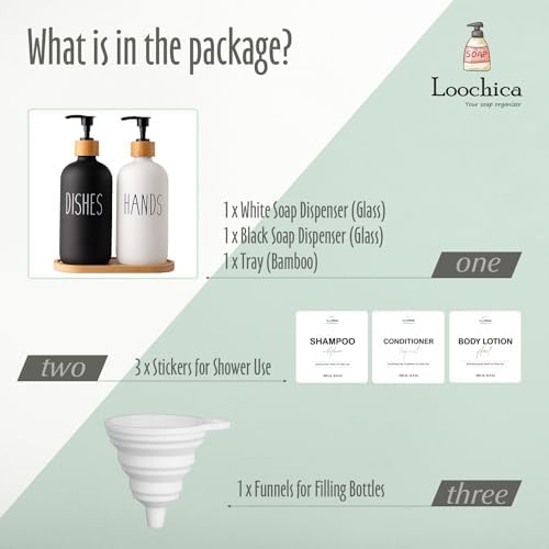 LOOCHICA 2 Pack Glass Soap Dispenser Set with Tray, Hand and Dish