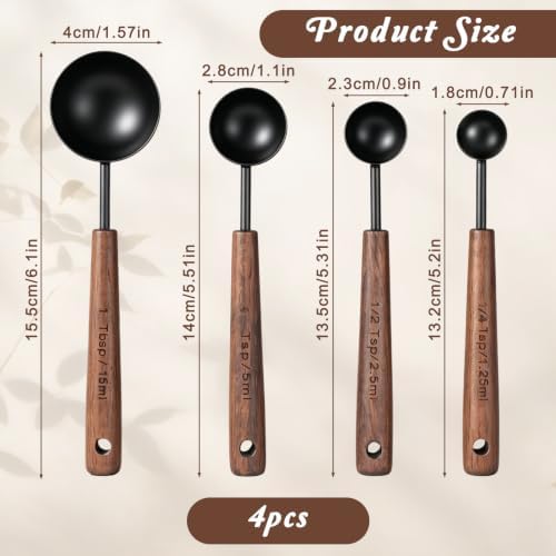 4 Pcs Wooden Handle Measuring Spoons, Black Stainless Steel Measuring