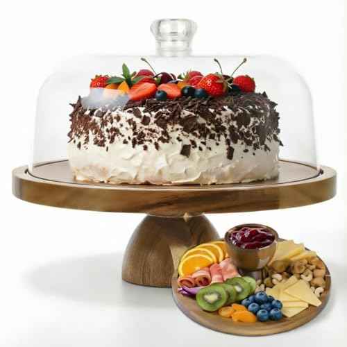 Acacia Wood Cake Stand with Lid, 12in Cake Stand with Acrylic Dome