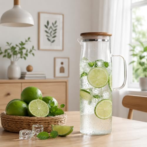 hjn Glass Pitcher with Lid Glass Water Carafe with Handle, Fridge