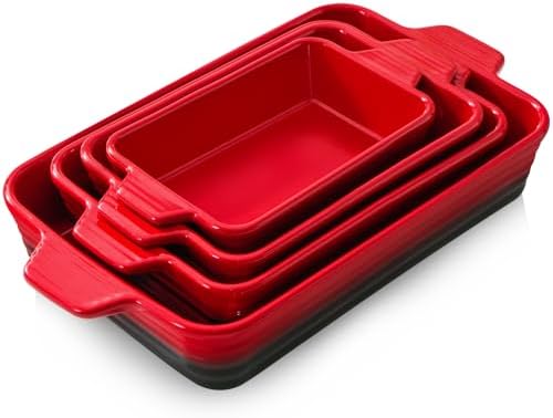 Ceramic Casserole Dish Set with Handles, Set of 4, Red