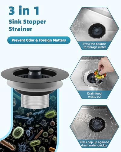 Universal 3-in-1 Kitchen Sink Drain Strainer Stopper, Matte Black