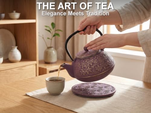 40 Oz Purple Maple Leaf Cast Iron Teapot, Enamel Interior, Infuser &