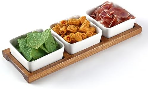 3 Pack Chip & Dip Serving Set with Wooden Tray, Oven Safe Bowls for