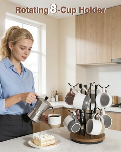 8-Hook 360° Rotating Large Coffee Mug Tree for Counter, Wood Base