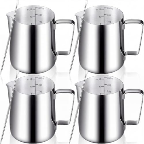 Dandat 4 Pcs Milk Frothing Pitcher 12 oz Stainless Steel Latte Art Pen