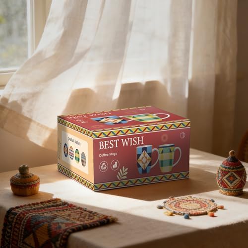 Bohemian Ceramic Coffee Mugs Set of 4, 15oz/450ml Geometric Pattern