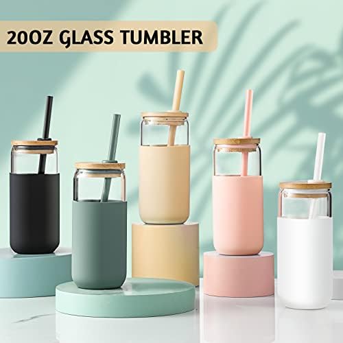 20 OZ Glass Cups with Bamboo Lids and Straws - Beer Can Drinking