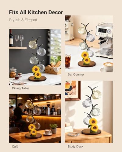 GAJ Sunflower Mug Tree Coffee Cup Holder, Countertop Stand Holds 4