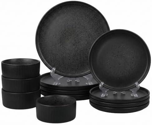 Sango 12 Pieces Stoneware Fluted Dinnerware Set, Modern Black Dishes