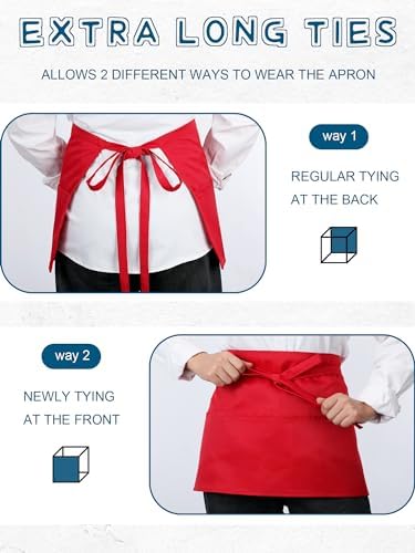 Twistover 5 Pack Red Waist Aprons for Adults 3 Pockets Half Bistro