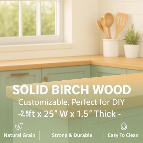 Butcher Block Countertop, 30 x 25 x 1.5 Inches, Solid Birch Wood