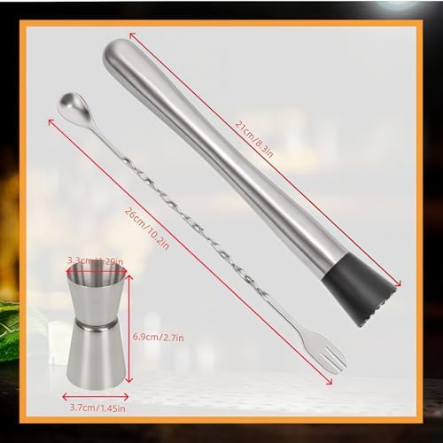Stainless Steel Muddler for Cocktails,Mixing Spoon and Measuring