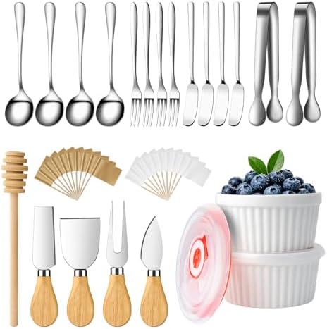 Charcuterie Boards Accessories Bowls with Lids, Cheese Butter Spreader Knife Set Mini Serving Tongs, Forks, Spoons,Dipping Bowls, Toothpick Flags, Honey Dippers For Party Platter Making (Silver)